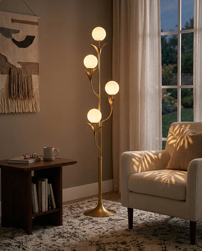 Floral Pattern Brass Floor Lamp Modern French Style Living Room Bedroom Designer Frosted Glass Lamp Shade LED