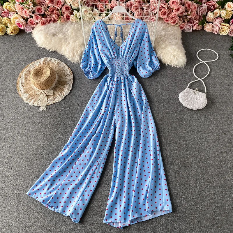 

Spring 2025 Women's Gingham V-ne ort-sved High-waist Belted Bubble Sve Wide-leg Pants One-piece Suit High Waist Lon...