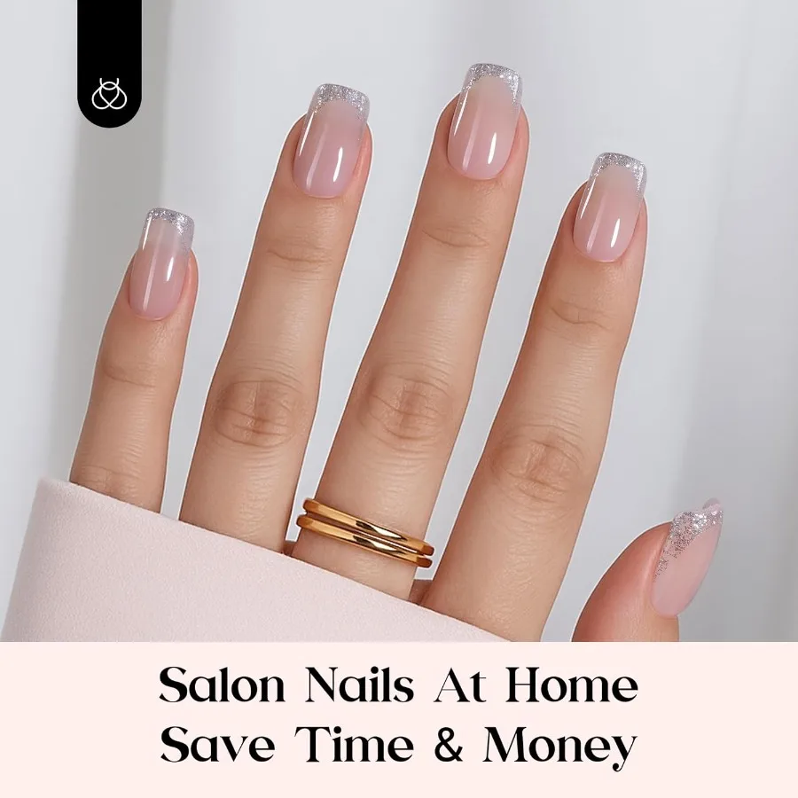 Short Squaval French Tips Press on Nails Kit 7 Colors Gel Nail Kit Fake Nails Tips with Nail Glue Remover Builder Top C