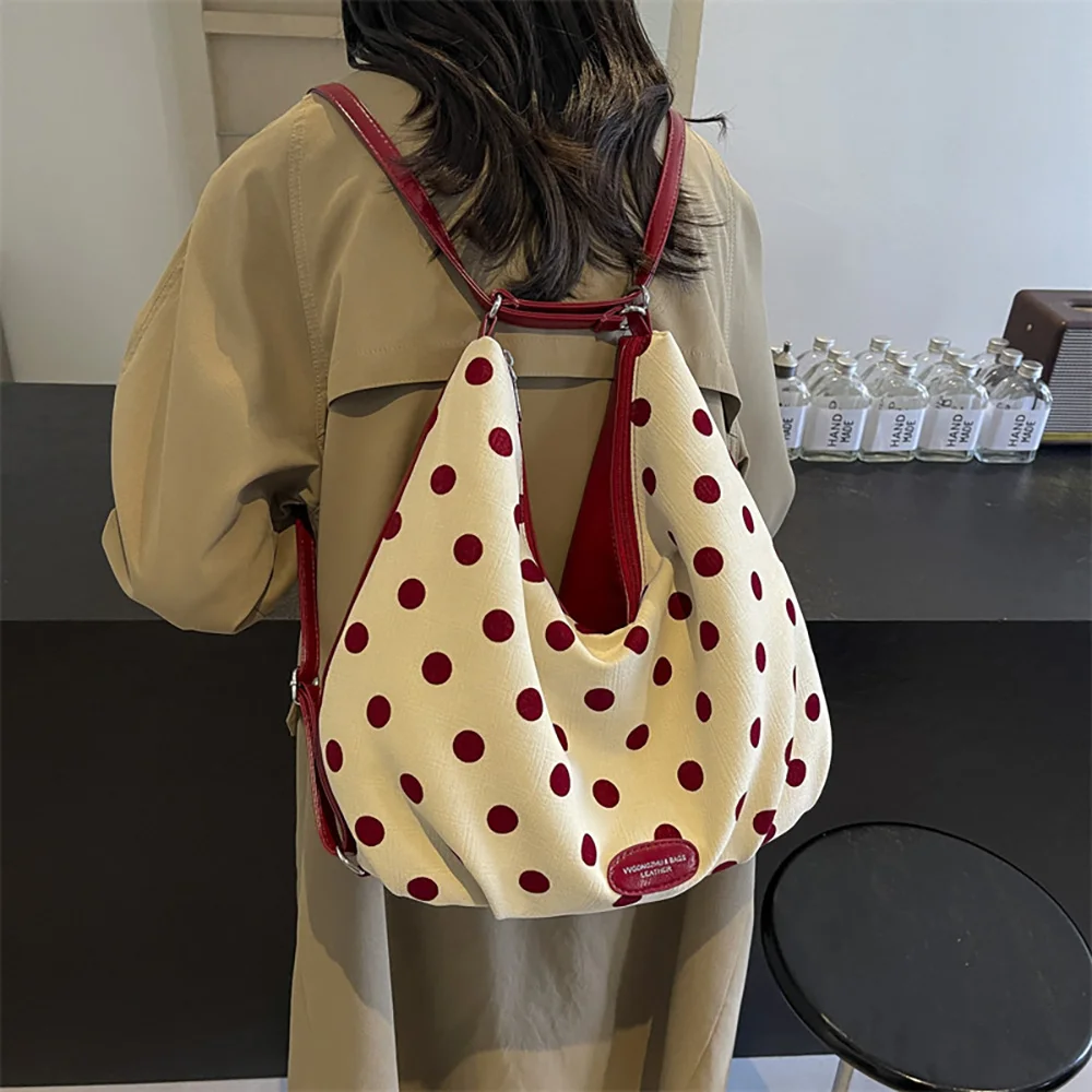 Bolsos de hombro con punta ondulada a la moda para mujer, mochilas informales versátiles y de lunares, bolso de mano de gran capacidad para mujer 2025