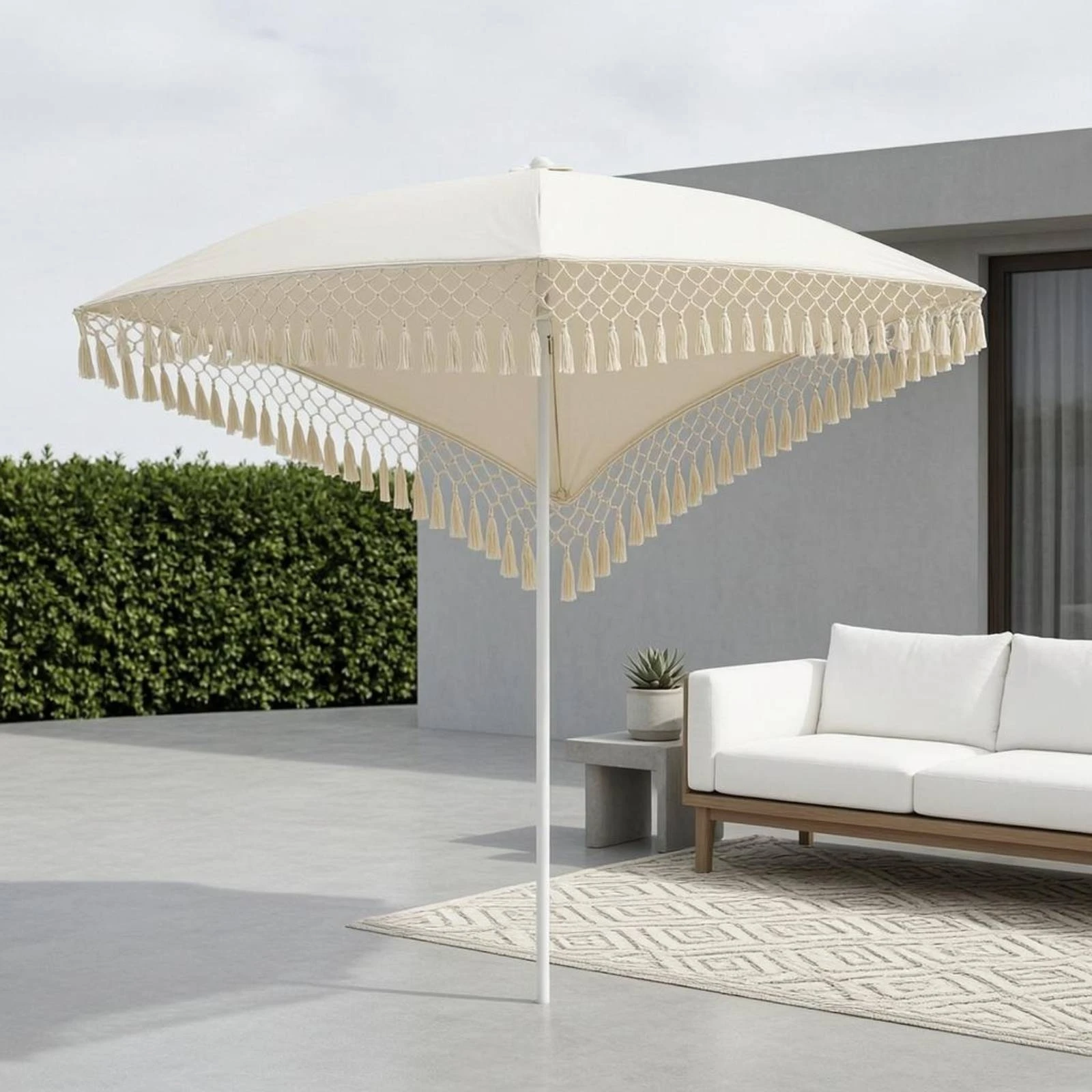 

Mesh Fringe Sunshade Umbrella Light Beige Square Sunshade Umbrella Umbrella Outdoor Shade Straight Pole for Garden, Market