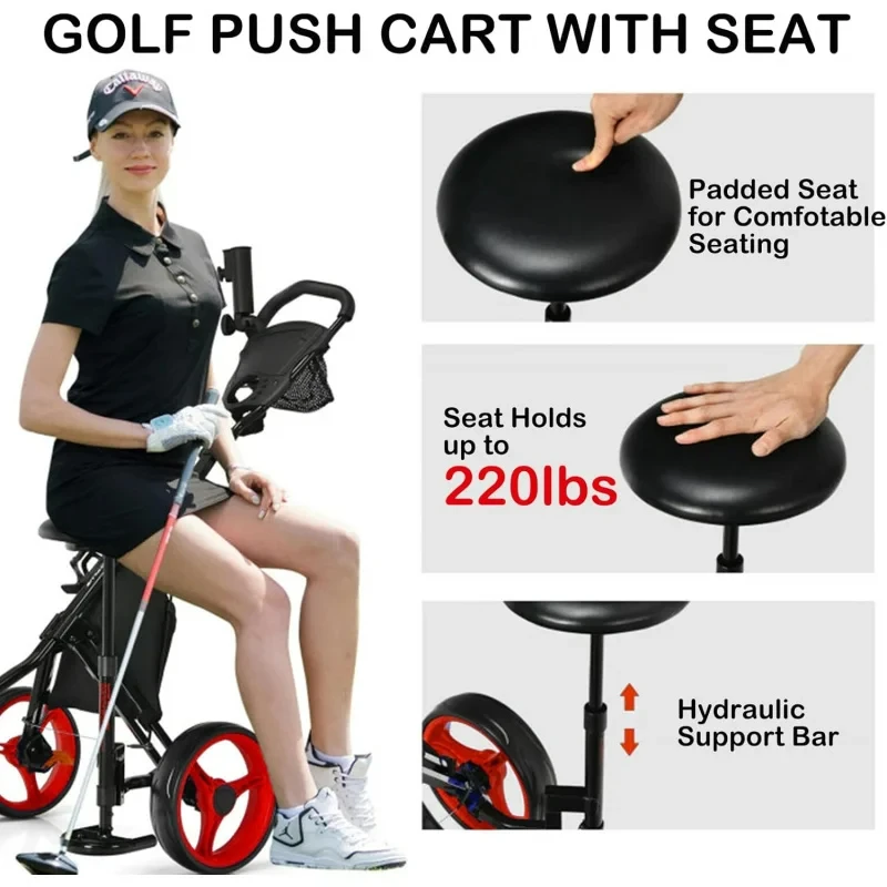 AQGolf Carts 3 Wheel Folding-Collapsible Lightweight Push Cart with Seat for Golf Clubs,Foot Brake/Umbrella Holder- 4 Heigh