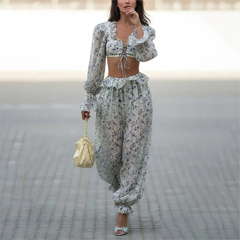 Summer Floral Trousers Set Comfortable Street Style Long-sleeved Waist-revealing Lace-up Top Wide-leg Trousers Two-piece Set