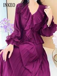 Elegant Pleated ruffles shirt and skirt 2 Piece set Women's 2024 Beach Solid color V-neck long sleeve tops Ladies clothing 3D036