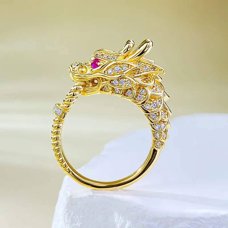 S925 Silver Plated China-Chic Golden Dragon Dominant Leader Ring Can Wear Dragon Ring Wedding Jewelry