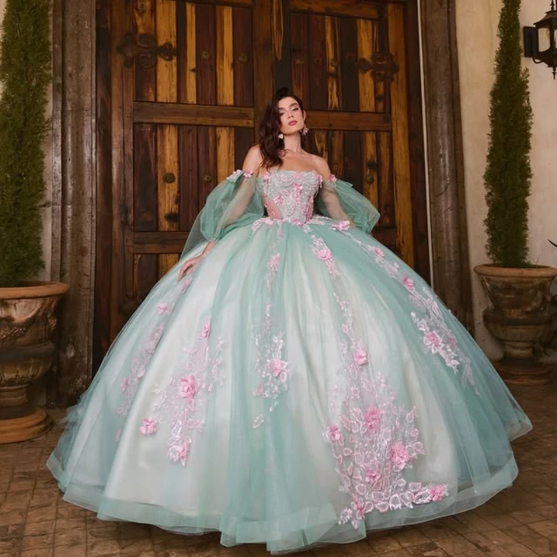 

Индивидуальные мятно-зеленые платья Quinceanera с открытыми плечами, хрустальная аппликация, 3D цветок, кружевной бант, длинный хвост, Vestido 15, Quinceanera