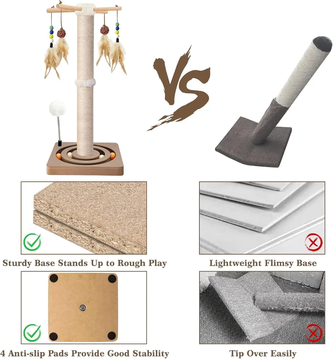 عمود خدش للقطط 25 بوصة - سيزال، مركز أنشطة مع مسار كروي ولعبة تعليق - خياران للتركيب - للقطط والقطط