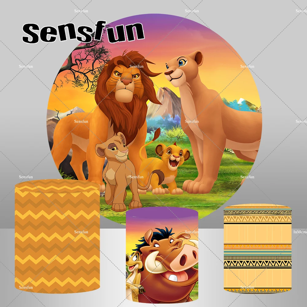 

Boys Lion King Simba The Birthday Party Circle Round Backdrop Sunset Cartoon Pedestal Covers Photography Backgrounds