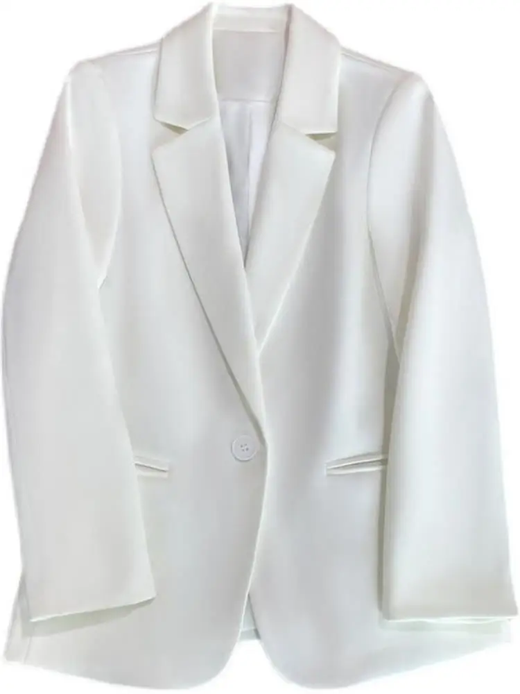 Biały garnitur damski, jednorzędowy, uniwersalny, wyszczuplający, w stylu koreańskim, elegancki, do pracy, długi rękaw, długość do połowy łydki.