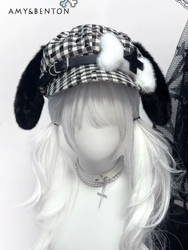 Original Subculture Cartoon Three-dimensional Bones Plush Ears Beret Hat Women Japanese Cute Two-dimensional Girl Plaid Beret