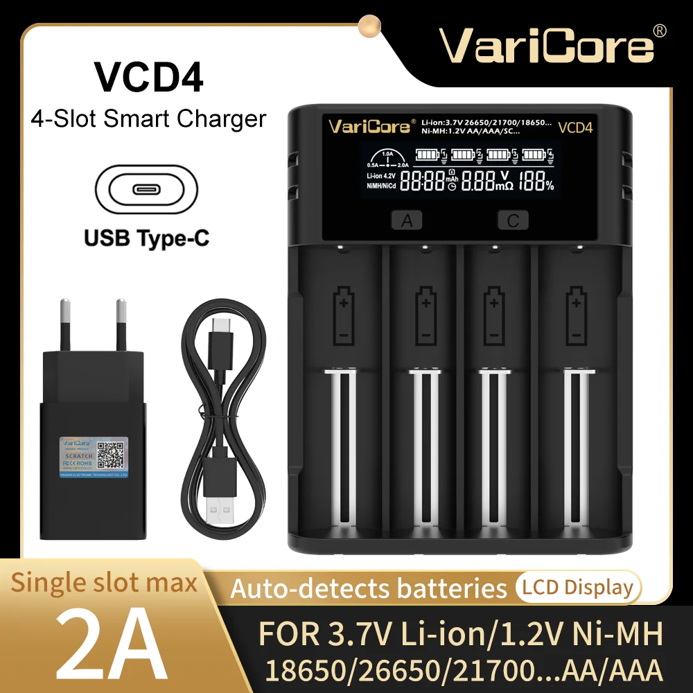 VariCore VCD4 4-slots Smart Rechargeable Battery Charger for 3.7V Li-ion  18650 21700 26650 3.2V LiFePO4 32700 1.2V Ni-MH AA AAA - AliExpress