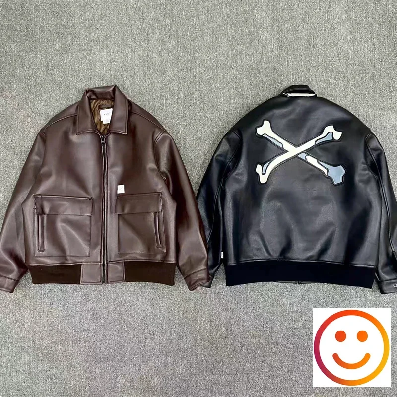 Leather WTAPS Embroidery Cross Bone Zipper Turn-down Collar Jackets Japan Men Women High Quality Outwear Warm Coat Buton Pockets