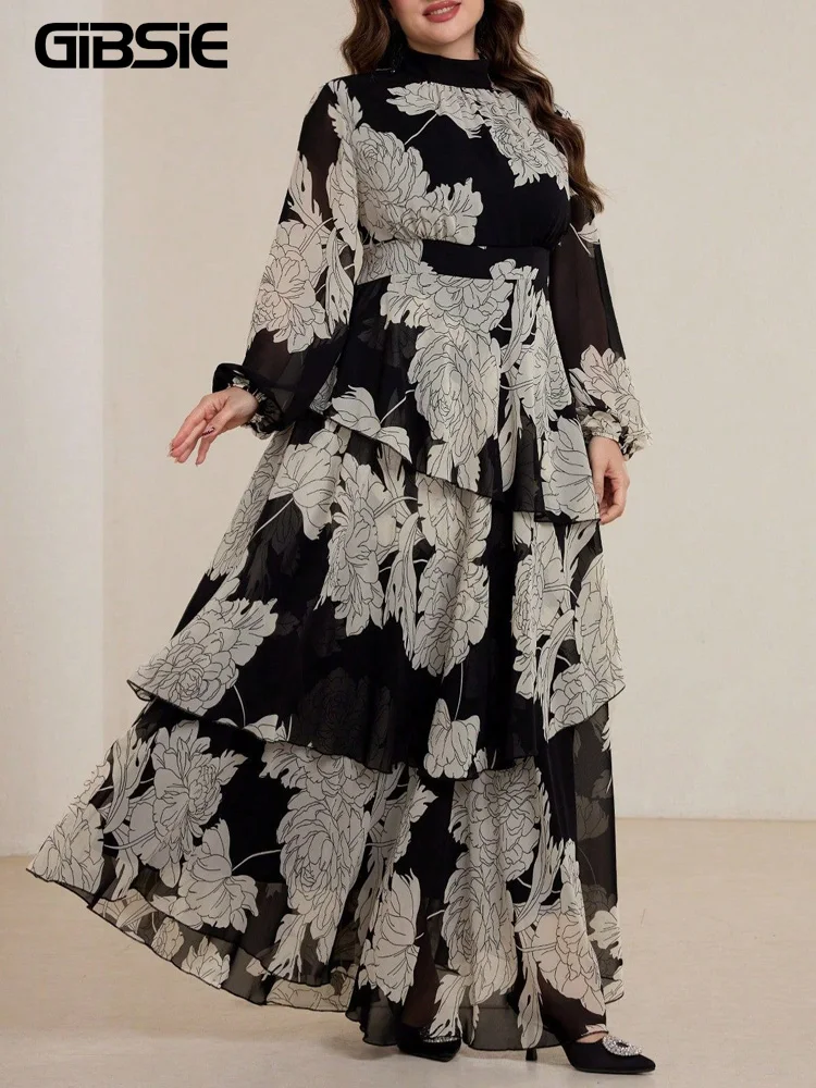 

Элегантное платье GIBSIE больших размеров с воротником-стойкой и принтом, женское, весна 2026, новинка, с завышенной талией, длинными рукавами и многослойным подолом, макси-платье
