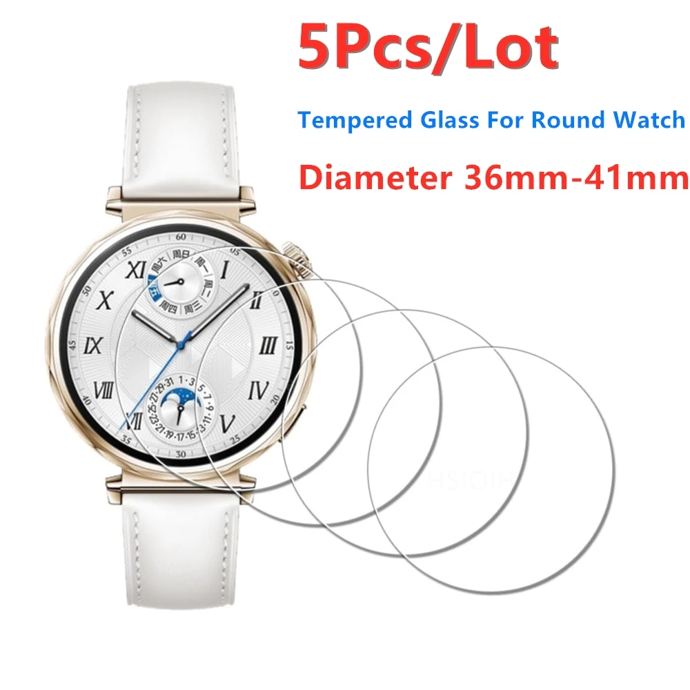 

5 шт. круглых защитных пленок для экрана смарт-часов из закаленного стекла 9H, диаметр 26-42 мм, прозрачная HD-защита для устройств, крепящихся на запястье