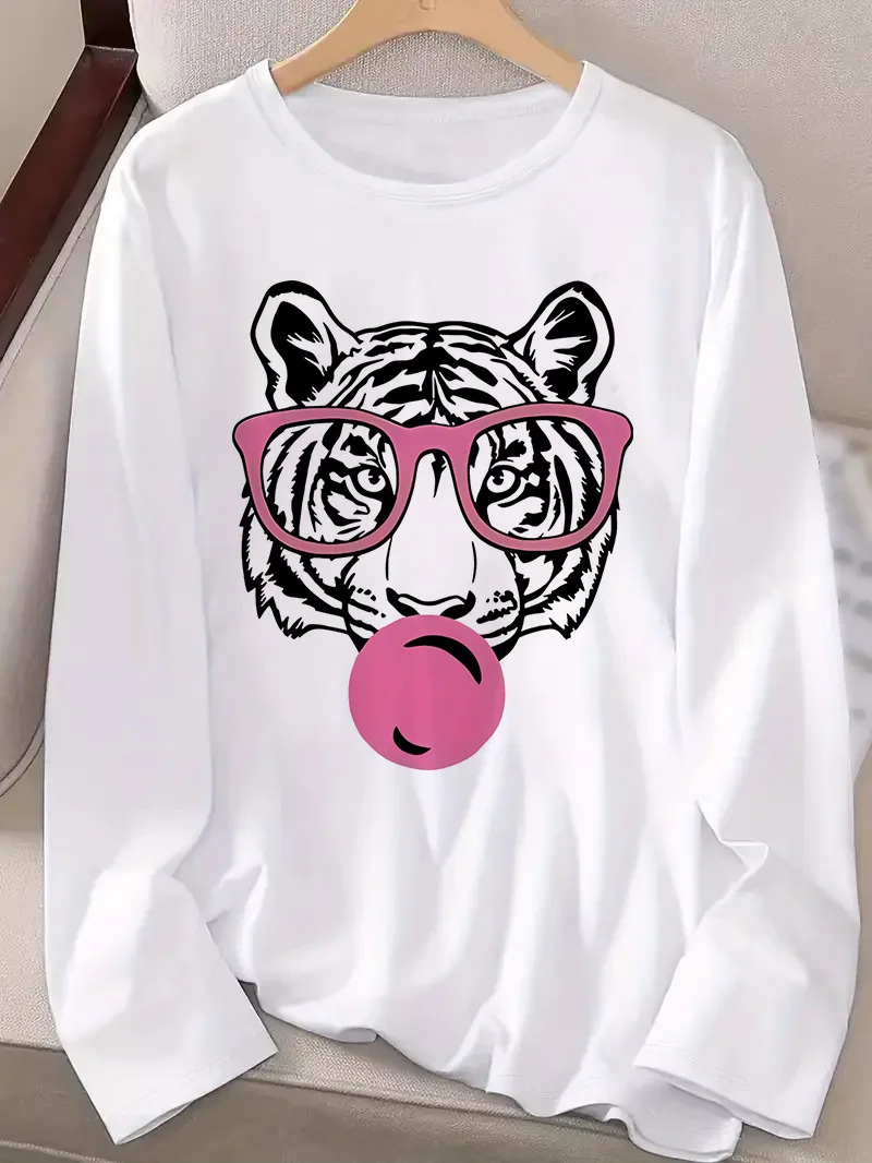 90s القوطية النمر الحيوان بأكمام طويلة Y2k تي شيرت المرأة عادية كم طويل تي شيرت طاقم الرقبة تي شيرت