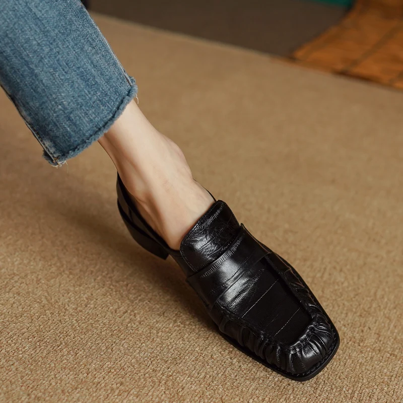 

Spring Autum Med Heel Loafers Cowhide Slip-On Ladies Pleated Pumps Dress Prom Career Shoes Square Toe Real Leather Women Pumps