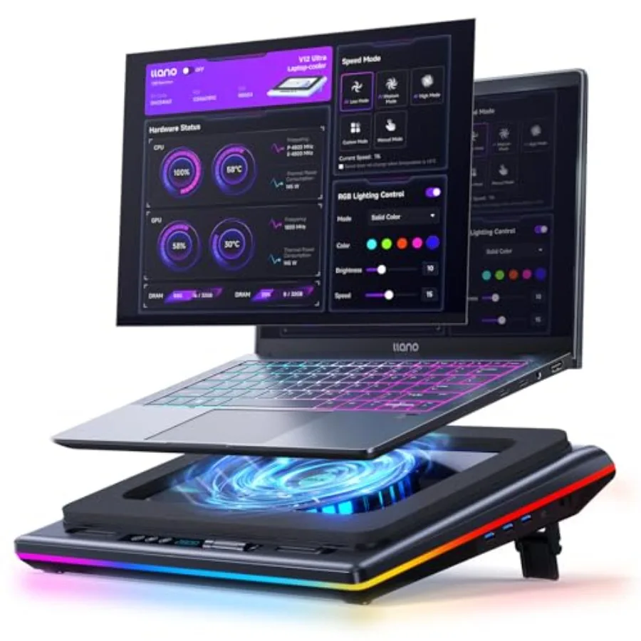 

Охлаждающая подставка для ноутбука V12 Ultra с интеллектуальным программным управлением, RGB-подсветкой, игровой вентилятор-кулер, 5.5-дюймовый турбо-вентилятор, регулируемая скорость, 3-скоростной режим