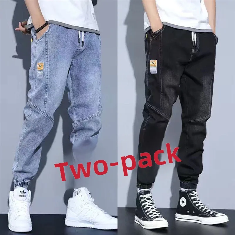 

Trendy Men's Jeans Casual Loose Fit Spring Autumn Outerwear Dstring Elastic Cuff Large Size Harajuku Sle Blue Denim Pants