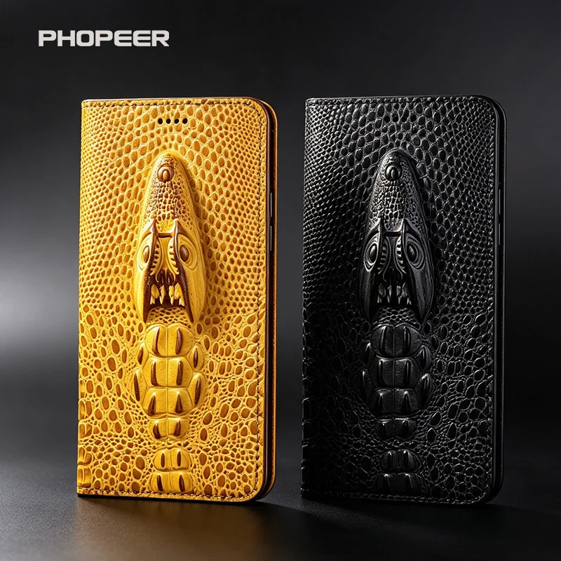Luxury Genuine Leather 3D Crocodile Head Flip Phone Case for Huawei Magic Series 8 7 6 5 4 3 2 pro Lite X9C X9B X9A - phone case