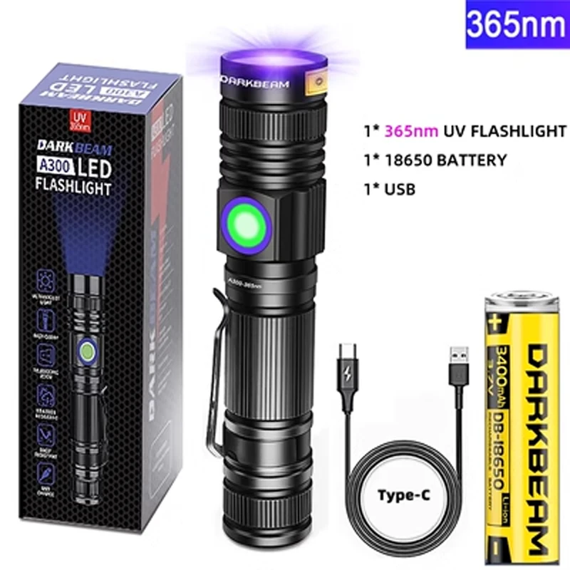 Linterna UV con Zoom de 365nm, detector de dinero de luz negra Recargable por USB, 5W, tipo C, para curado de resina, detección de orina de