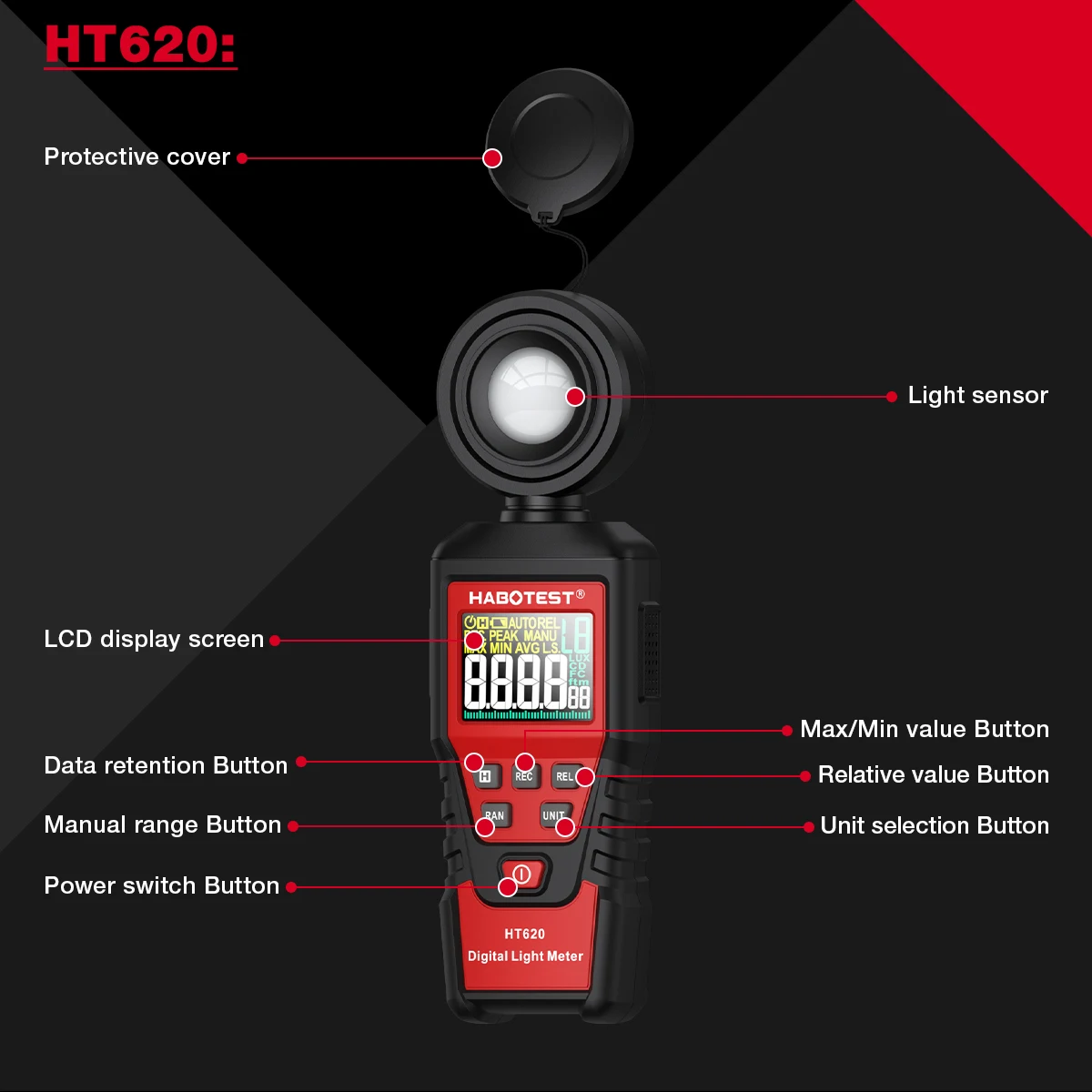 HABOTEST HT620 Digital Luxmeter High Accuracy Professional Illuminator 180° with Rotatable Light Sensor Lux Photometer