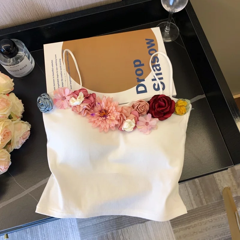 Estéreo flor camisola coletes feminino sexy elegante colheita topos 2025 verão sem mangas estilo francês moda chique senhoras camisetas topos estilingue