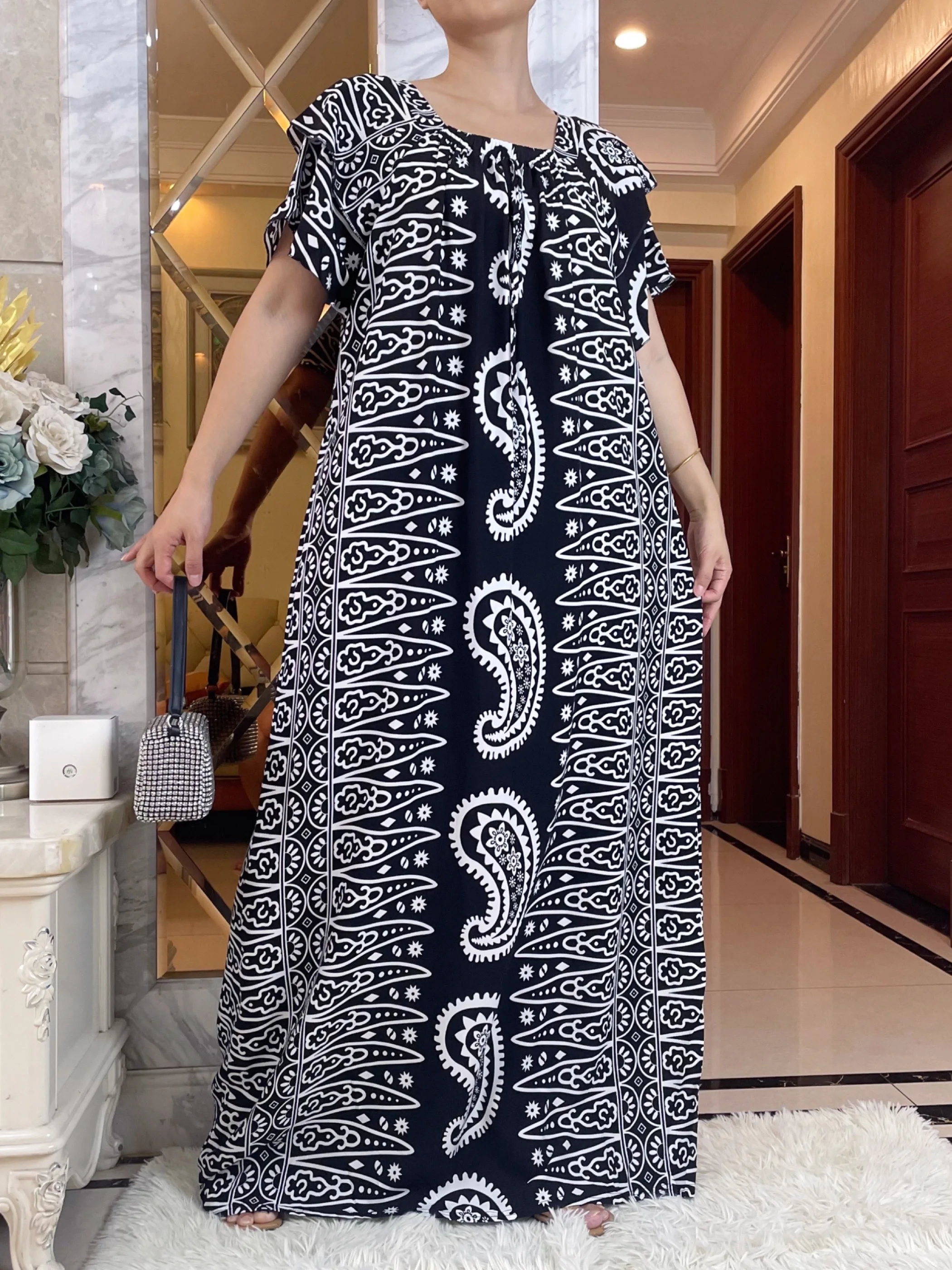 Autumn Party Dubai Short Sleeve African Women Dresses  With Big Scarf  Printing  Cotton Elegant Summer Maxi Casual Loose Abaya