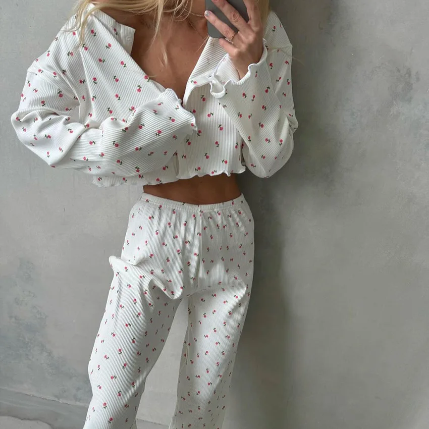 

Cotton Printed Cardigan Pajama Set Women's New Autumn Long Sleeved Pants Pajamas Loose Home Clothing 2-piece Set