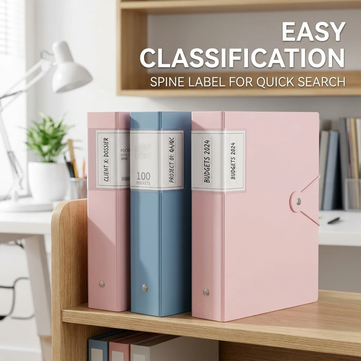 

Pink Color Display Book,HD Transparent Pages Clear View, Secure Elastic Band Lock, Spine Label for Easy Classification,Office