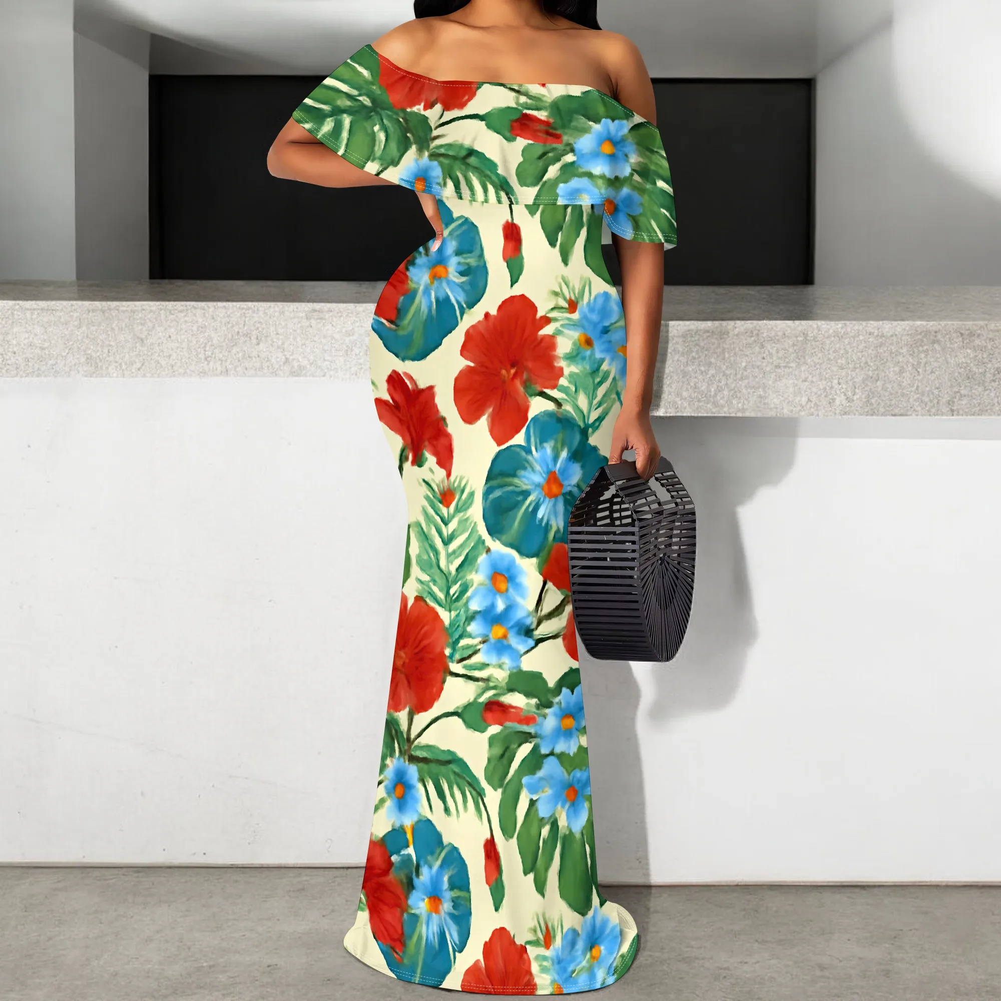

Tropical Floral Bodycon Maxi Dress S‑3XL Off Shoulder Style for Beach Vacation, Cruise Dinner or Summer Party Look