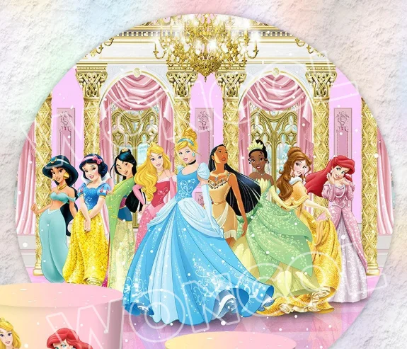 Princess Birthday Round Backdrop Aurora Snow White Ariel Belle Rapunzel Tiana Cinderella Backdrop Disney Princess Cylinder Cover