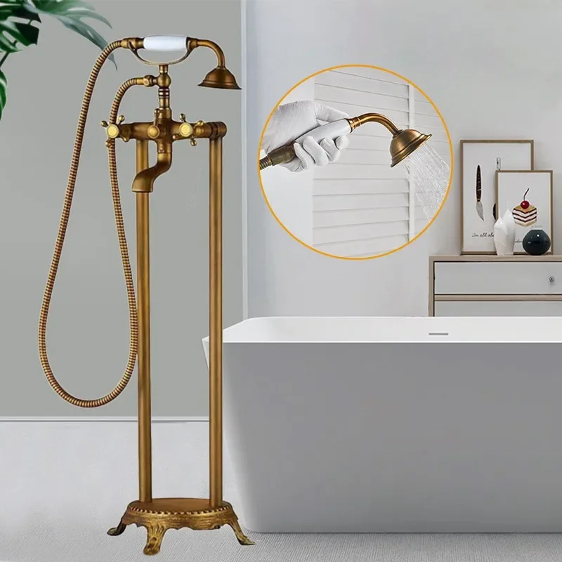 

Bathroom Antique Brass Floor Mounted Tub Sink Faucet Dual Handle Bath Shower Set Freestanding Bathtub With Handshower Mixer Tap