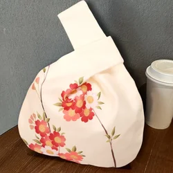 Borsa da polso con nodo da donna giapponese borsa da polso Vintage fatta a mano Mini borsa portatile con fiori stampati secchio borsa per telefono pieghevole di grande capacità