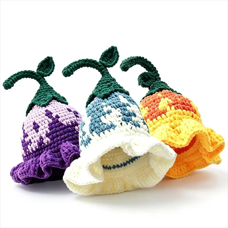 Handmade Colorful Plant Bucket Hat Men Custom Crochet Ruffled Brim Knitted Leaf Beanie Women Kawaii Cosplay Outdoor Unisex Caps