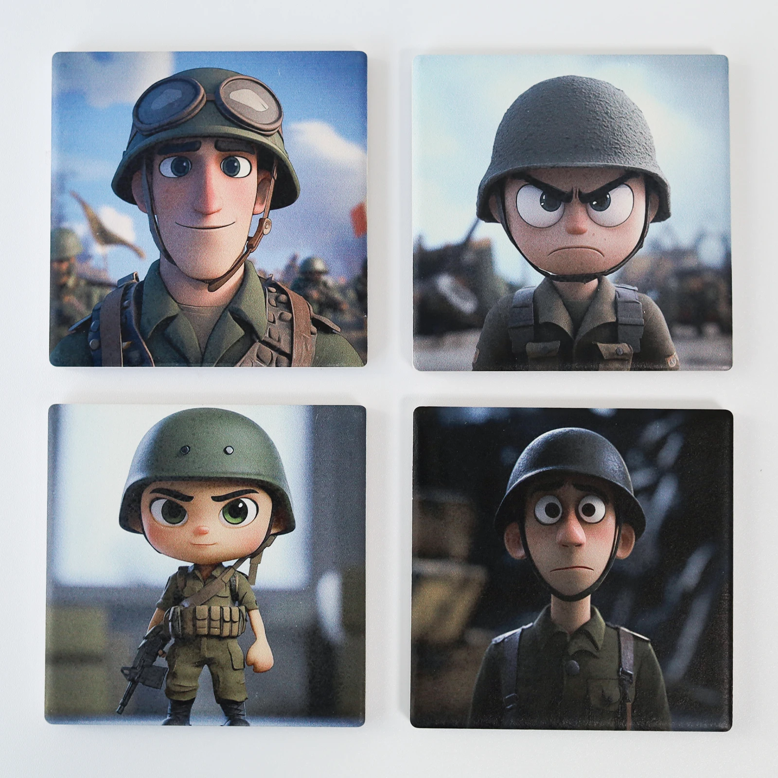 Square Coaster Cartoon Soldier Pattern with Helmet Ceramic Cork Absorbent Pad Heat Insulation and Anti Slip Drinkware Decoration