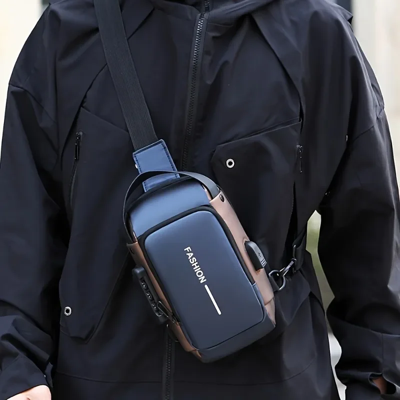 Durable Oxford Fabric Men's Sling Bag - Stylish Motorcycle Crossbody Chest Pack With Phone Pocket, Zip Closure For Daily JJ2342