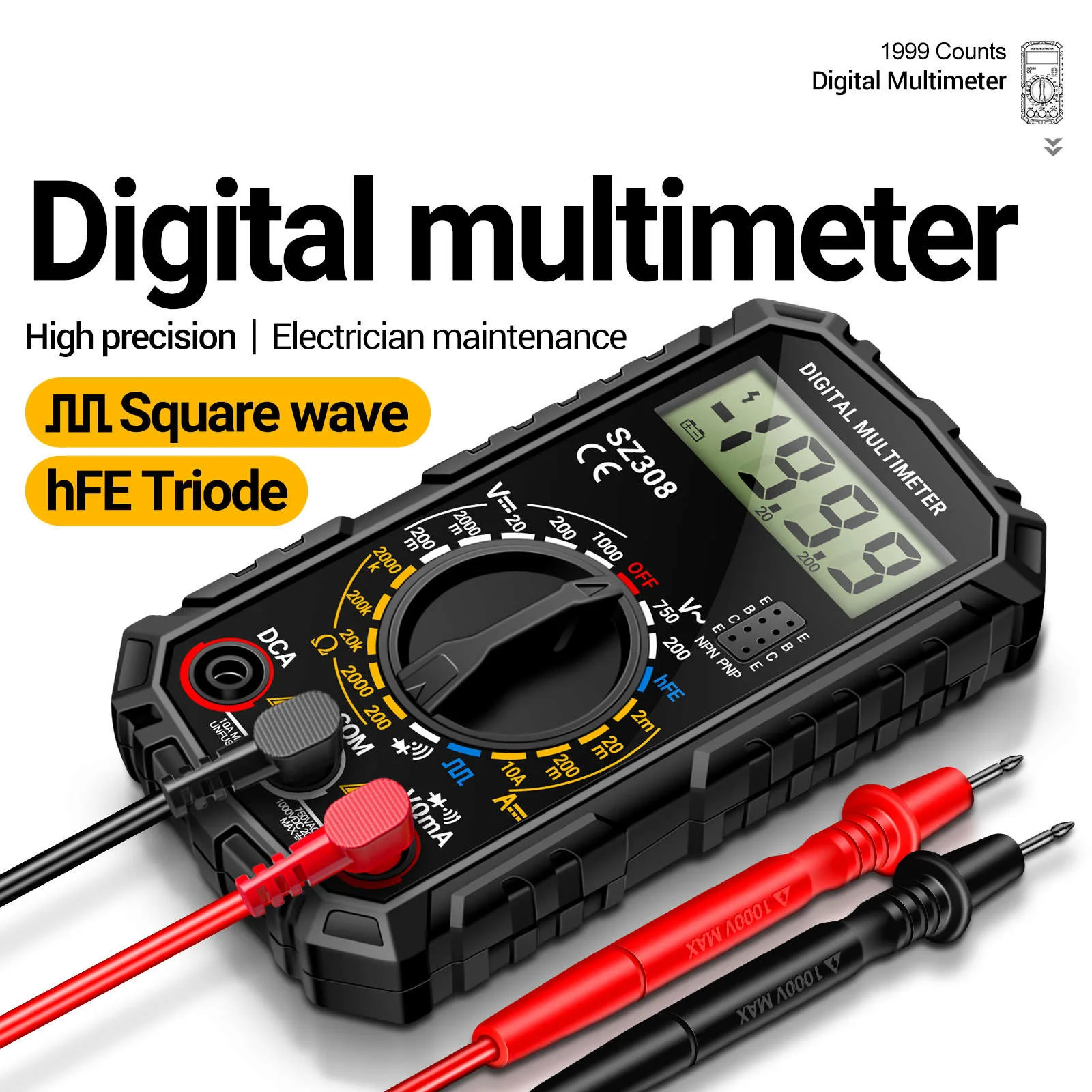 Digital Multimeter 1999 Counts Auto/Manual Ranging Backlit LCD AC/DC 1000V 750V Tester for Voltage Current Resistance Diode HFE