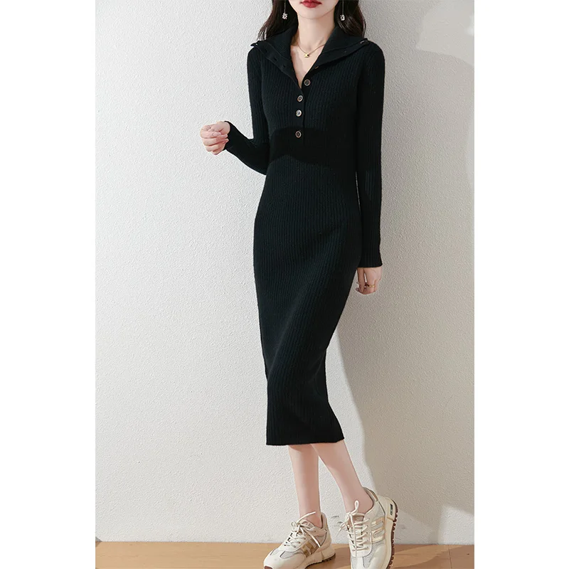 Autumn Winter Women Sweater Wool Dress Mock Neck Pullover Skirt 100% Merino Wool Knitwear Buttons Style Cashmere Chic Slim Skirt
