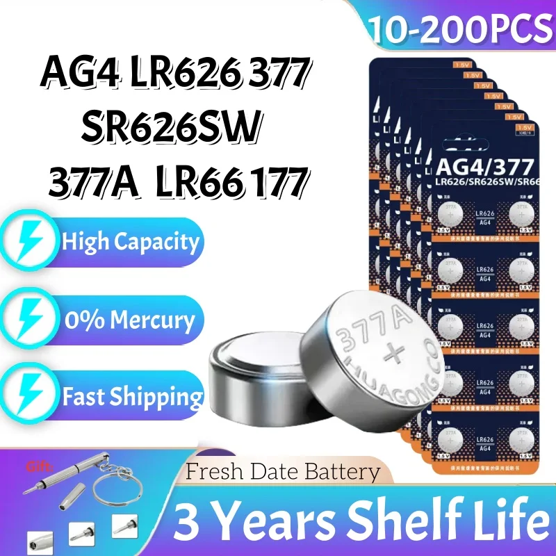 10-200Pcs AG4  SR626SW 377 LR626 1.5V Button Batteries 377A 376 LR66 177 Coins Cell Alkaline Battery For Watches Toys No Mercury