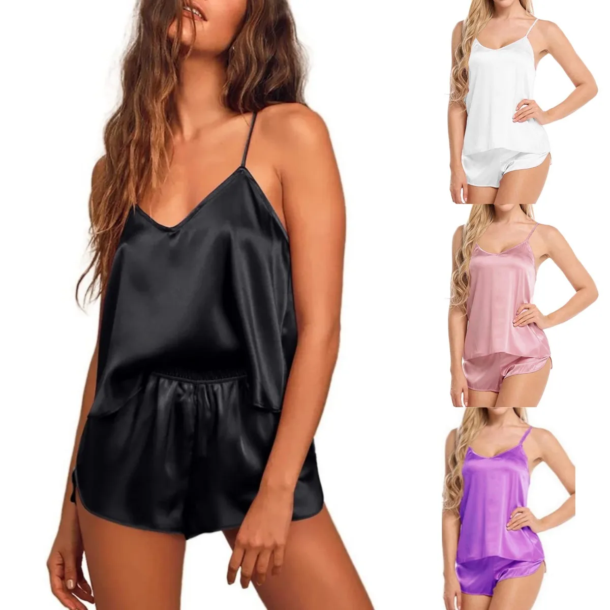 Women Pajamas Lingerie Set Satin Silk Camisole Shorts Sets 2 Pieces Sleepwear Top Shorts Nightwear Suits Sleeveless Underwear