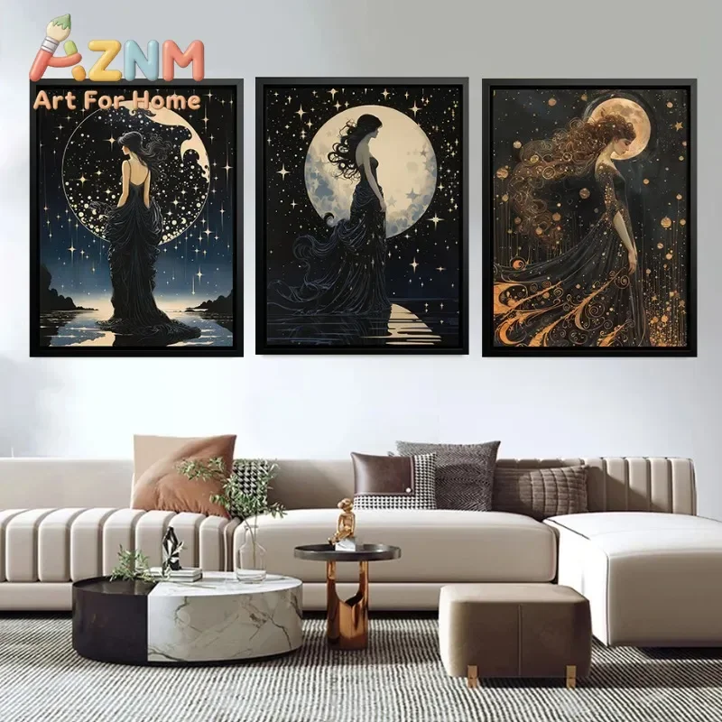 Greek Mythology Goddess of Stars and Constellations Poster Night Sky Moon Art Nouveau Canvas Painting Wall Room Home Decor Mural
