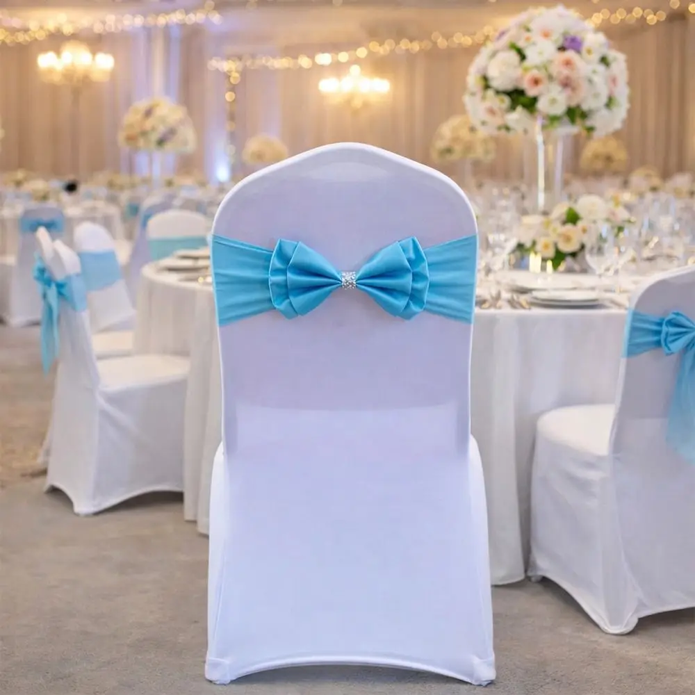 Bows Chair Back Bow Decorative Belt Double Layer Spandex Event Chair Straps with Diamond Ties Fastening Chair Bow Ties