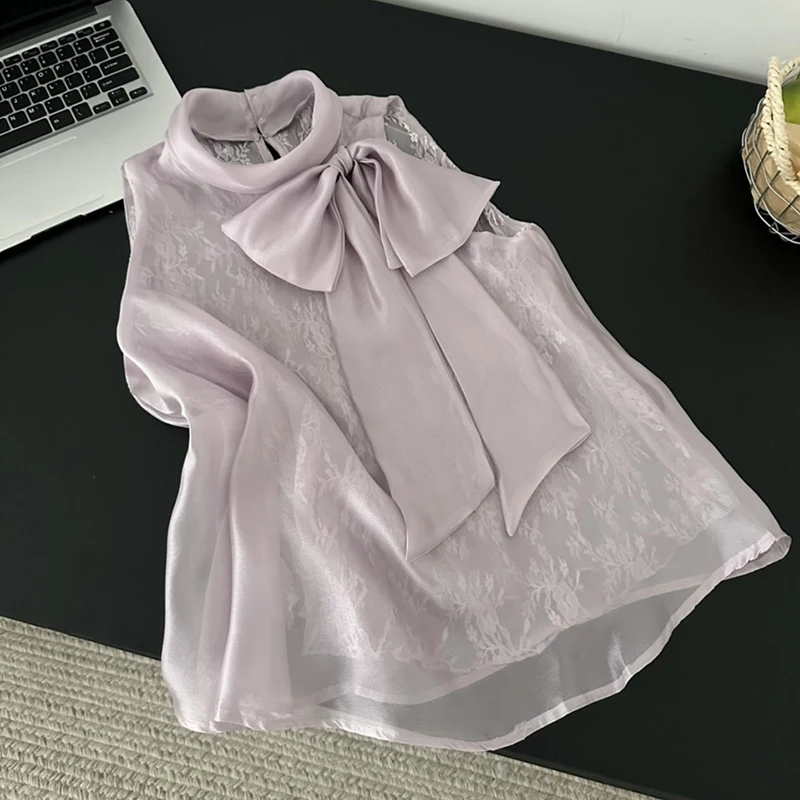 Bow Tie Up Shirt Women Summer Sexy Loose Sleeveless Vest Tops French Elegant Harajuku Lace Patchwork O Neck Chiffon Blouse New