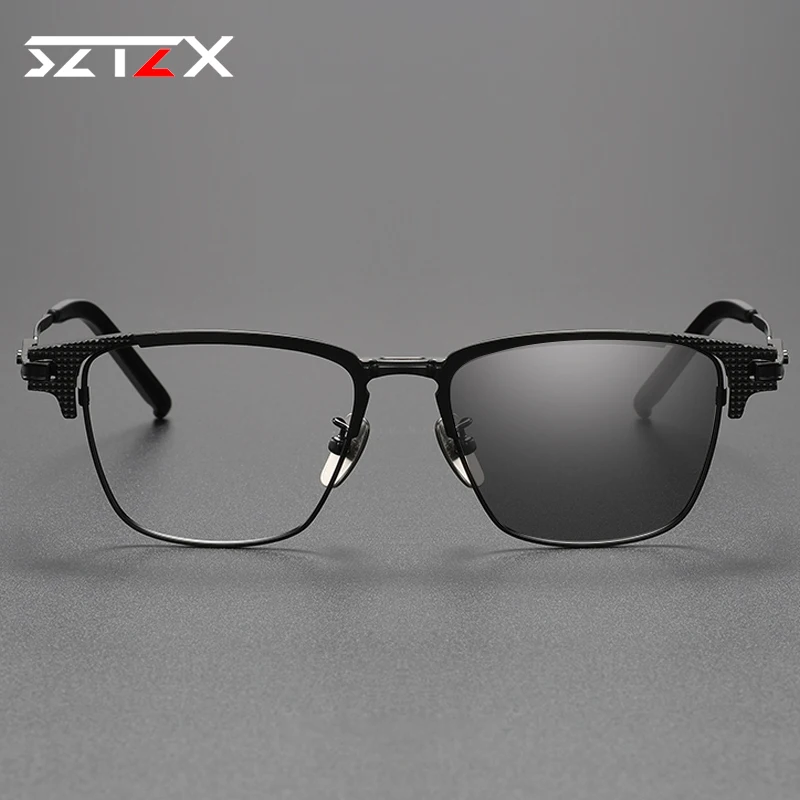 SZTZX  Vintage Square Photochromic Glasses Anti Blue Light Blocking Reading Men High Quality Myopia Prescription Glasses S-02T