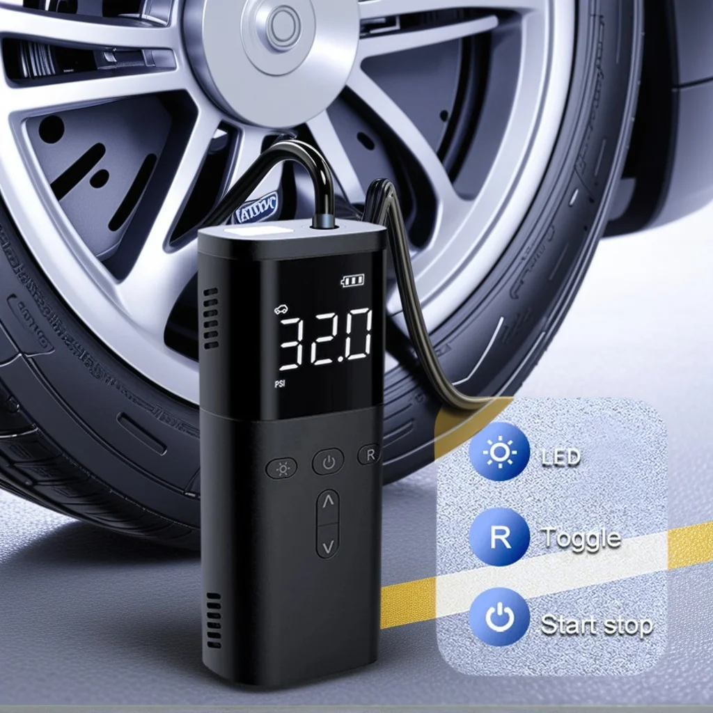 

Portable Wireless Car Tire Inflator - Rechargeable Mini Electric Air Compressor with LED Light