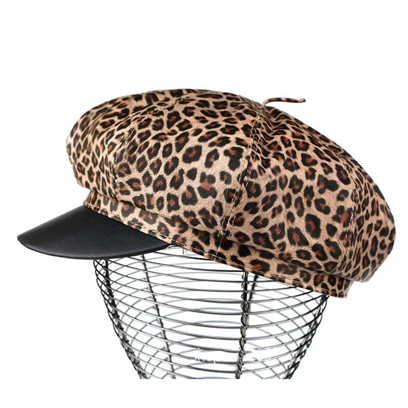 

Fashion Leopard Women's Real Leather Octagonal Hat Fall Winter Korean Version Female Sheepskin Beret Cap Newsboy Cap Painter Cap
