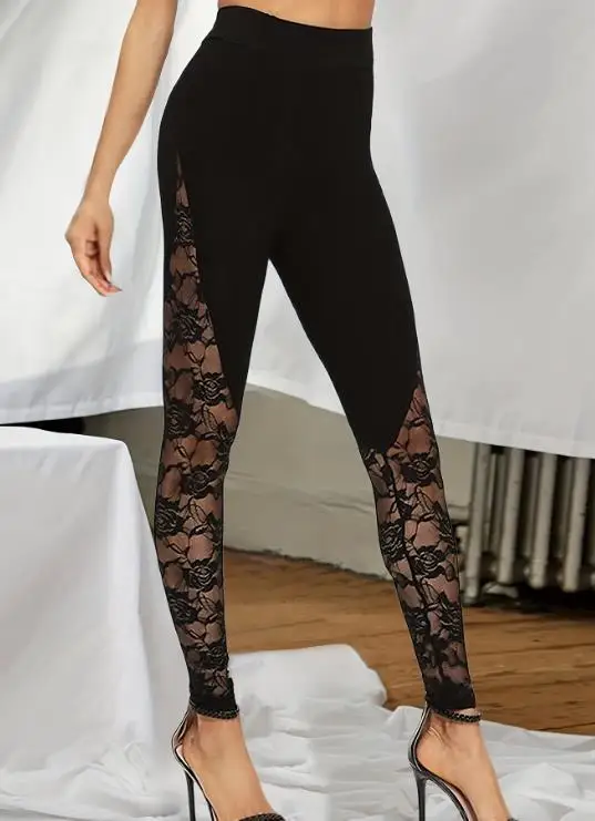 

Summer New Fashionable Elegant Sexy Style Crochet See Through Lace Splicing Black High Waisted Tight Fitting Women's Pants
