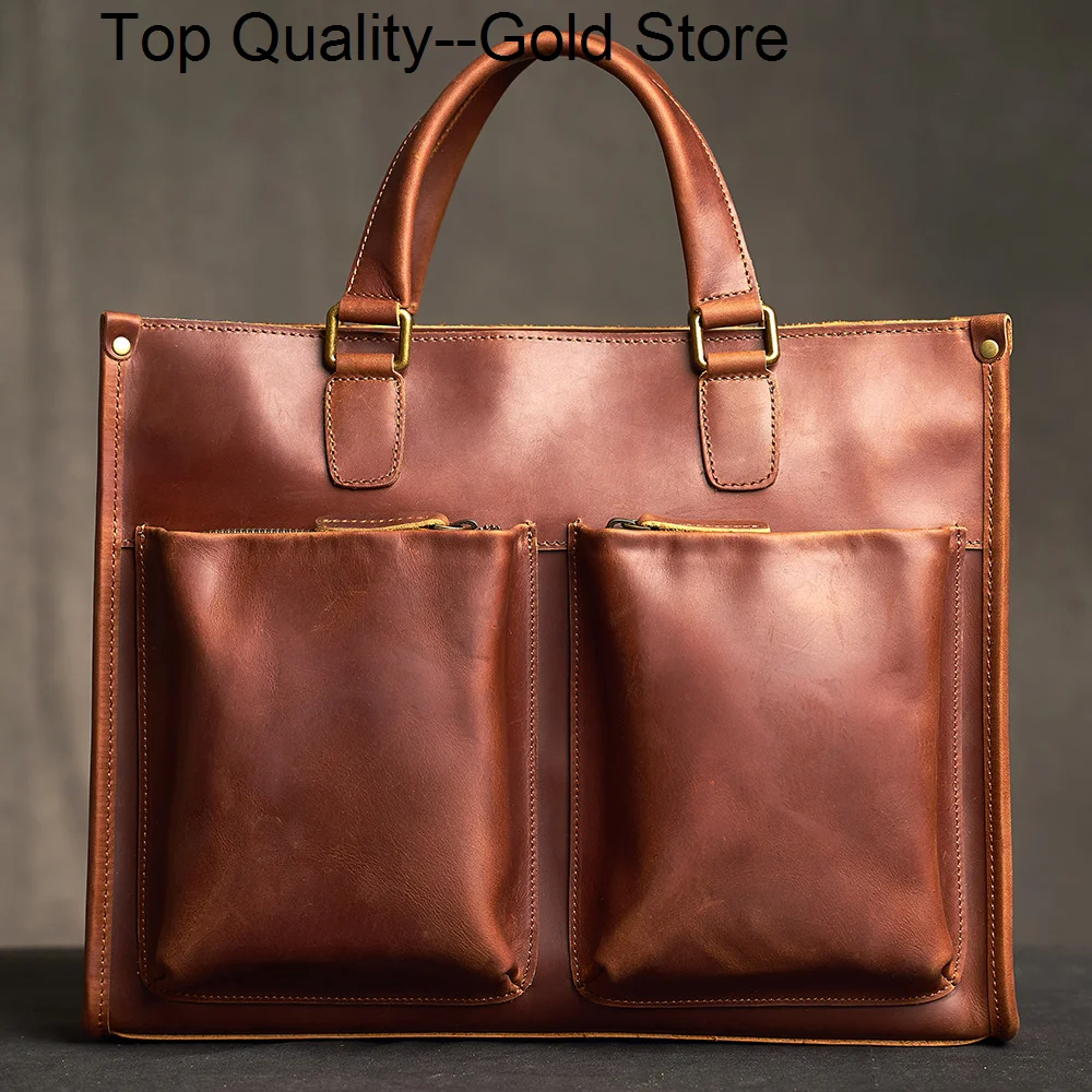 

Genuine Leather Briefcase Vintage Man Handbag Men Shoulder Crazy Horse Bag Brown Business Fashion 14 Inch Laptop