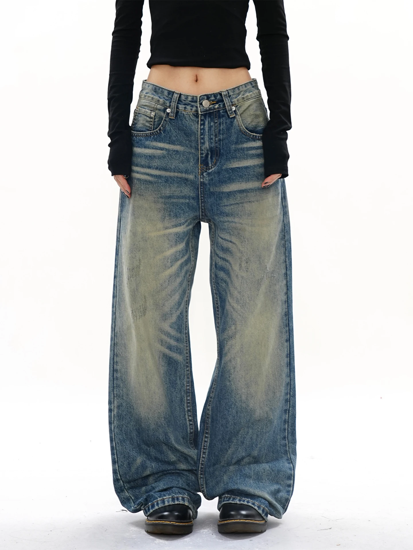 

S3T5 Emed Ripped Wide Leg Jeans Men Women Straight Slimming Bootcut Denim Pants Casual Waed l Waist Pure Color