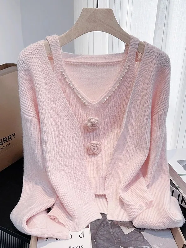 

BeautifuL Knitted Sweater Set with Beads Tee-Dimensional Flowers Heavy Embelliment Women's Faion Autumn Winter Cardigan